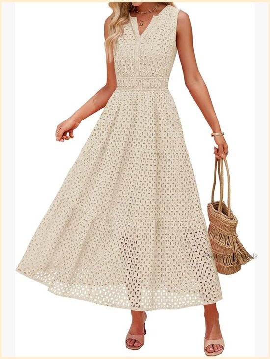 Dresses & Skirts - Sleeveless V-Neck Maxi Dress A-Line Empire Waist Flowy Eyelet Casual Party